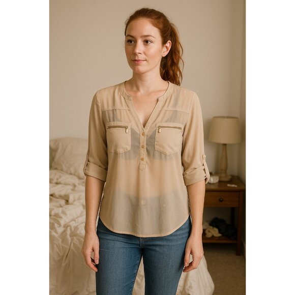 Bebe Tan Semi Sheer Henley Roll Tab Sleeve Blouse Size M Zip Pockets - Picture 1 of 7